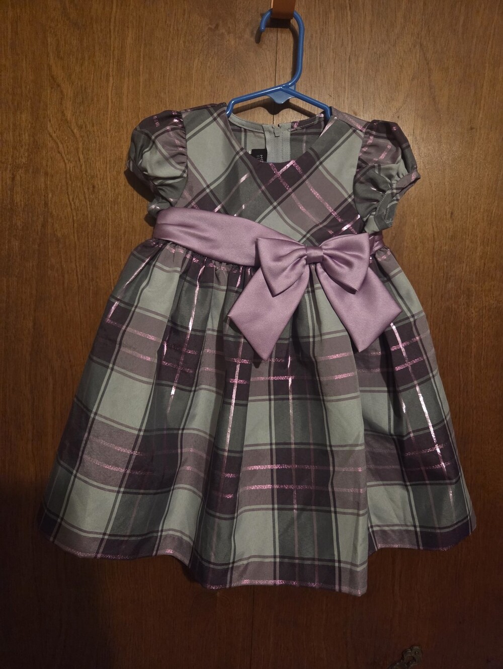Girls Plaid Party Dress with Bow - Purple and Gray